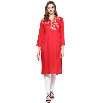 Ridan Rayon Red Embroidery Straight  Kurti 1