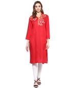Ridan Rayon Red Embroidery Straight  Kurti