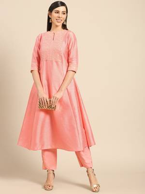 Baby-pink embroidered dupion silk ethnic-kurtis 1