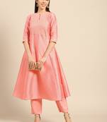 Baby-pink embroidered dupion silk ethnic-kurtis