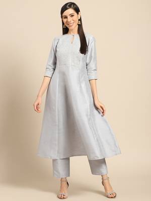 Grey embroidered dupion silk ethnic-kurtis 1