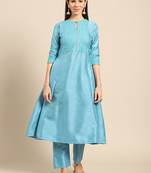 Blue embroidered dupion silk ethnic-kurtis