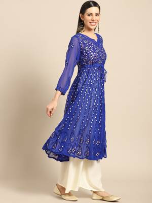 Blue embroidered georgette ethnic-kurtis 3