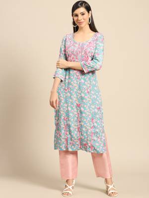 Teal printed crepe ethnic-kurtis 1