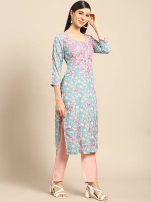 Teal printed crepe ethnic-kurtis 3