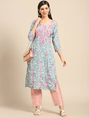 Teal printed crepe ethnic-kurtis 4