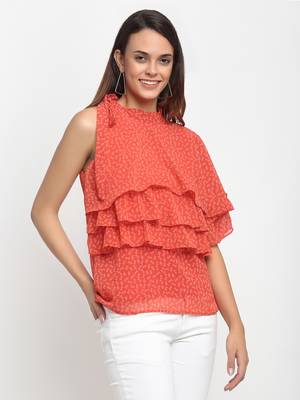 Orange printed georgette party-tops 4