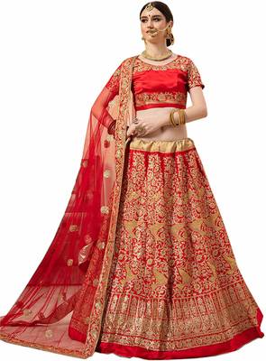 Red embroidered satin semi stitched lehenga 1