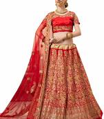 Red embroidered satin semi stitched lehenga