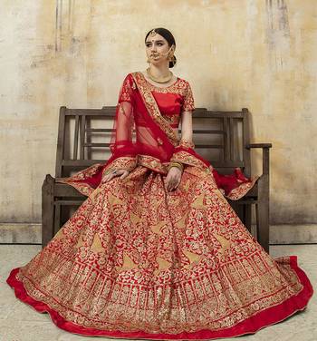 Red embroidered satin semi stitched lehenga 2