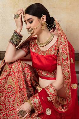 Red embroidered satin semi stitched lehenga 3