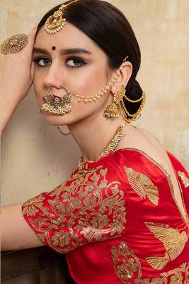 Red embroidered satin semi stitched lehenga 4
