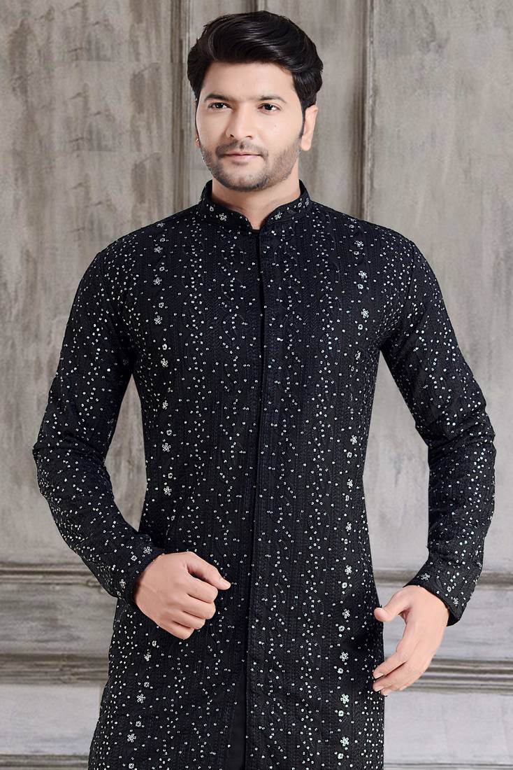 ARRUGA Black embroidered georgette kurta-pajama