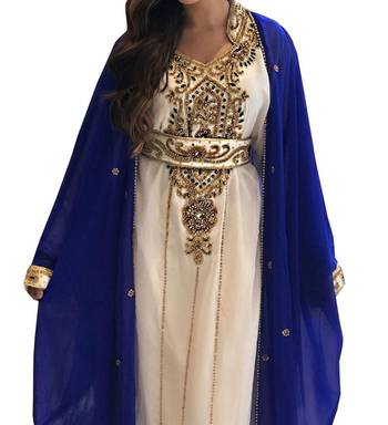 Sale !! Women's Royal blue Muslim Golden Beaded Abaya inner Jacket Jalabia Dubai Kaftan Dresses 3
