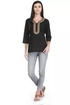 Black embroidered cotton cotton-kurtis