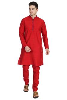 Red plain dupion silk kurta-pajama