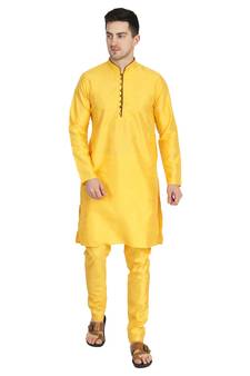 Yellow plain dupion silk kurta-pajama