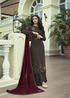 Coffee hand embroidery pure silk cotton salwar 1
