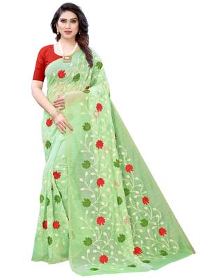 Green embroidered polycotton saree with blouse 1