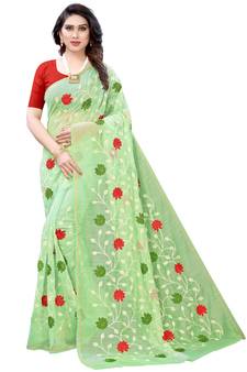 Green embroidered polycotton saree with blouse