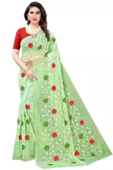 Green embroidered polycotton saree with blouse