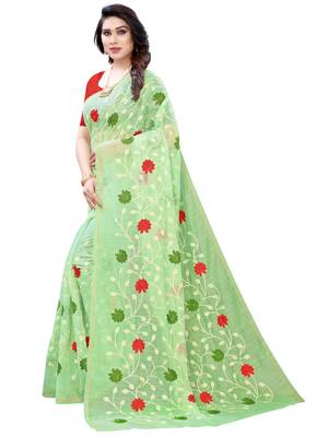Green embroidered polycotton saree with blouse 2