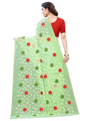 Green embroidered polycotton saree with blouse 3