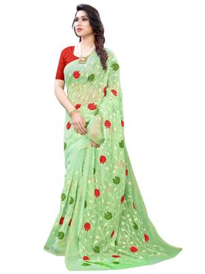 Green embroidered polycotton saree with blouse 5