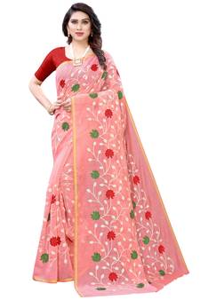 Pink embroidered polycotton saree with blouse