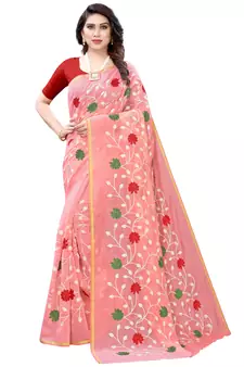 Pink embroidered polycotton saree with blouse