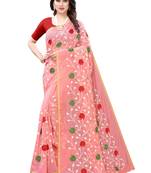 Pink embroidered polycotton saree with blouse