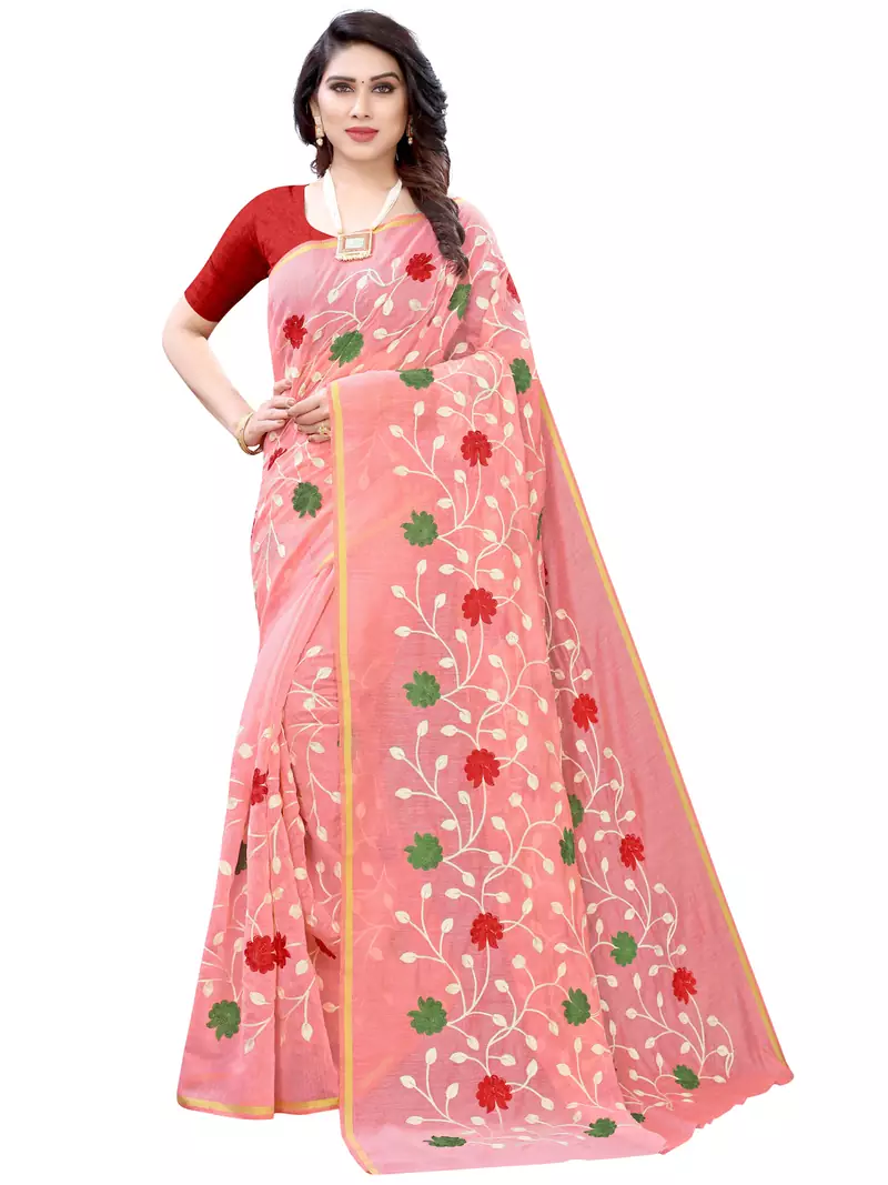 Pink embroidered polycotton saree with blouse