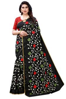 Black embroidered polycotton saree with blouse