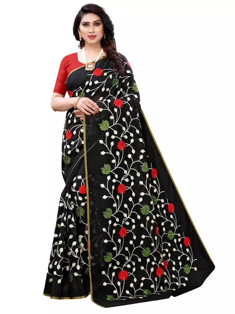 Black embroidered polycotton saree with blouse