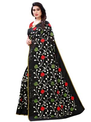 Black embroidered polycotton saree with blouse 2
