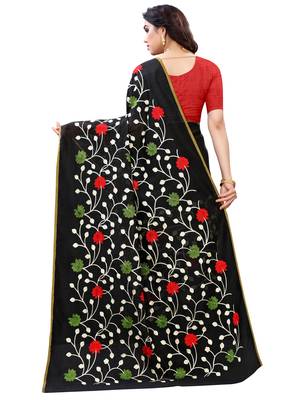 Black embroidered polycotton saree with blouse 3