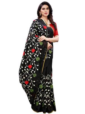 Black embroidered polycotton saree with blouse 5