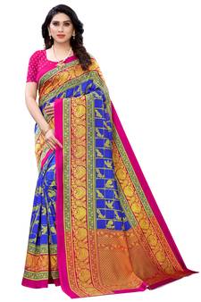 Blue embroidered poly silk saree with blouse