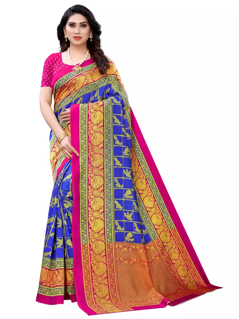 Blue embroidered poly silk saree with blouse