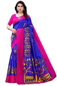 Blue printed chiffon saree with blouse