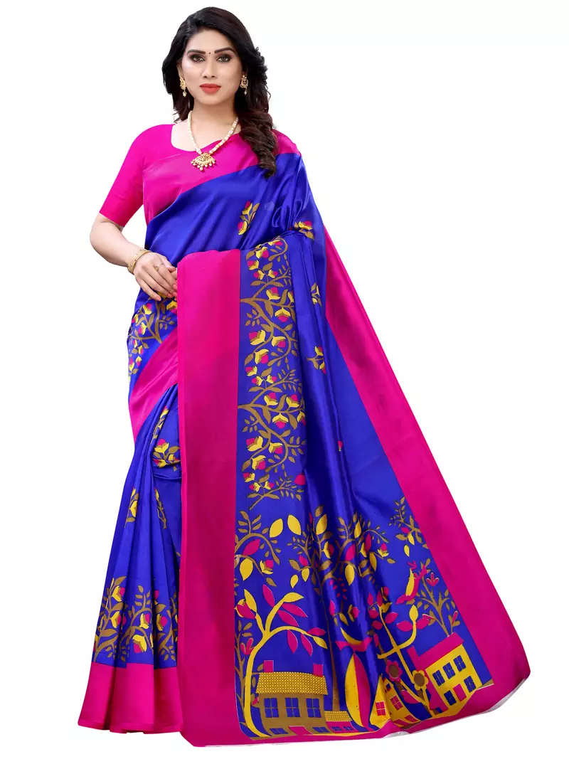 Blue printed chiffon saree with blouse
