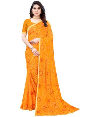Yellow printed chiffon saree with blouse 1