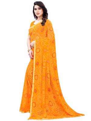 Yellow printed chiffon saree with blouse 2