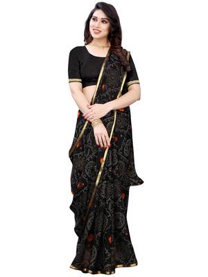 Black printed chiffon saree with blouse 5