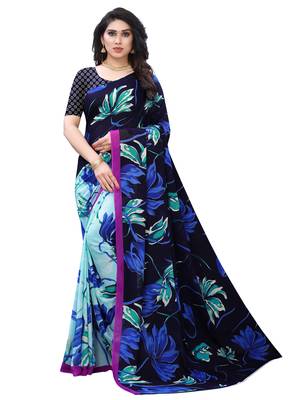 Blue printed chiffon saree with blouse 1