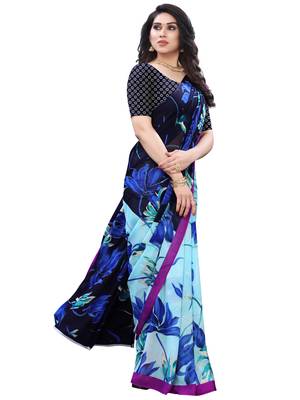 Blue printed chiffon saree with blouse 2