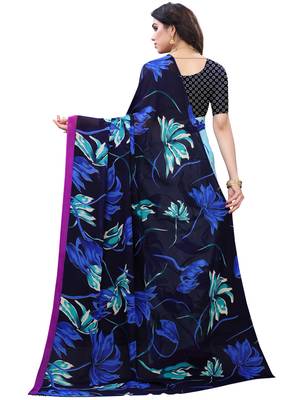 Blue printed chiffon saree with blouse 3