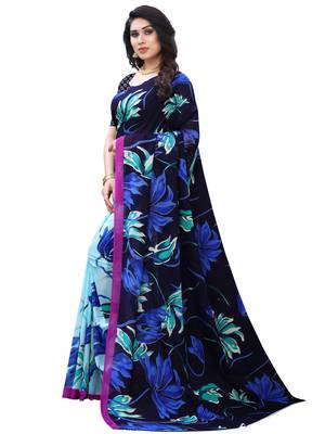Blue printed chiffon saree with blouse 5