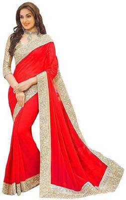 Red Vichitra Silk Saree With Fancy Lace and Dhupion Silk Blouse Piece. 1