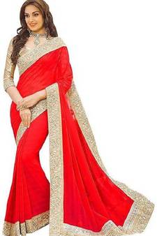 Red Vichitra Silk Saree With Fancy Lace and Dhupion Silk Blouse Piece.
